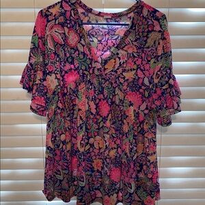Lily Pulitzer inspired vibrant multicolored floral blouse